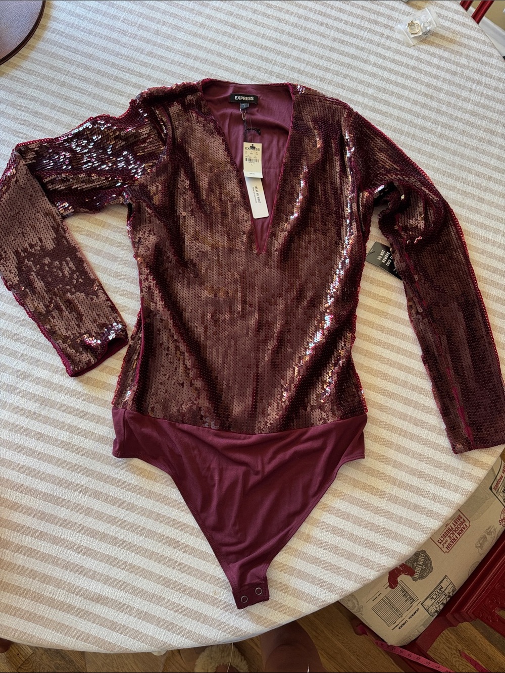 Express Wine Sequin Long Sleeve Bodysuit